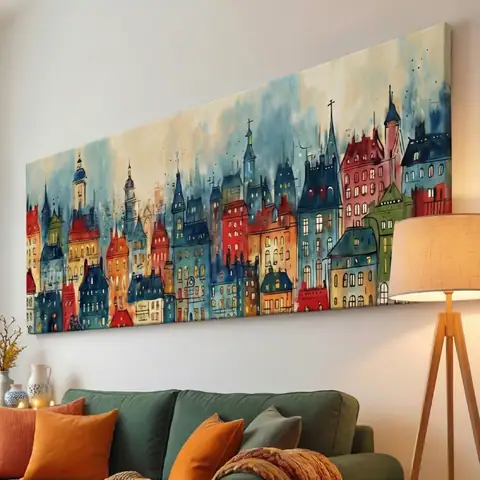 Praha stověžatá v zlatavém světle — panorama věží a střech jako obraz na plátně
